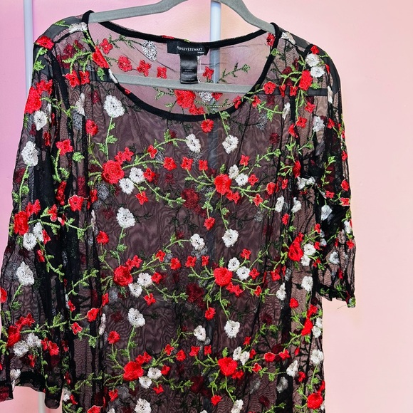 Ashley Stewart Black Floral Embroidered Sheer Top - Plus Size Christmas - Picture 2 of 7